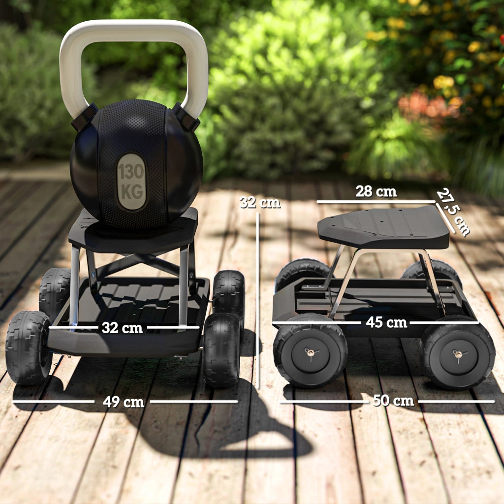 Sgabello da Giardino con Ruote e Vassoio ¨C zephmum ¨C Nero 50x49x32 cm