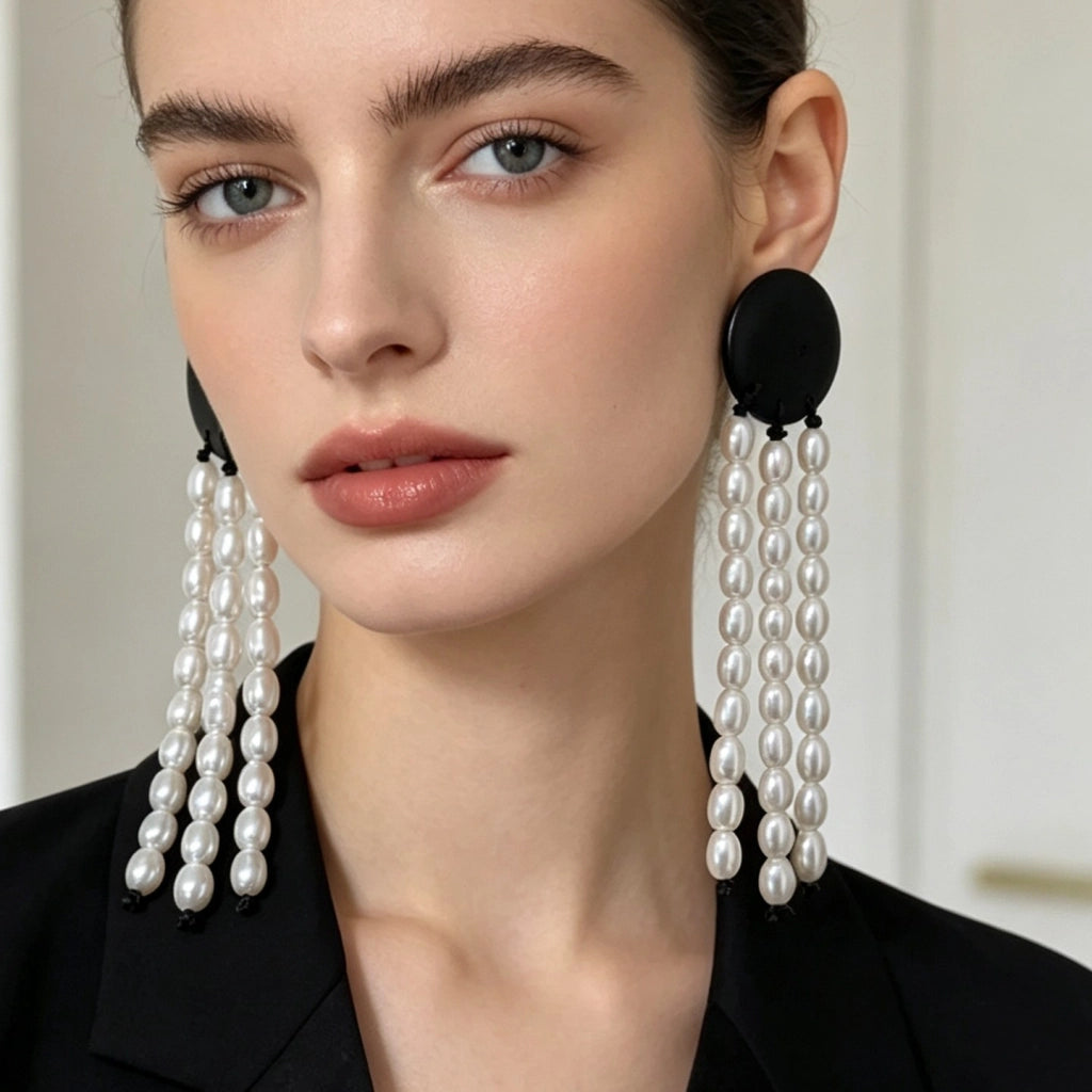 Orecchini vintage rotondi in legno con nappine di perle, design geometrico in legno nero di alta qualit¨¤, orecchini retr¨° e alla moda.