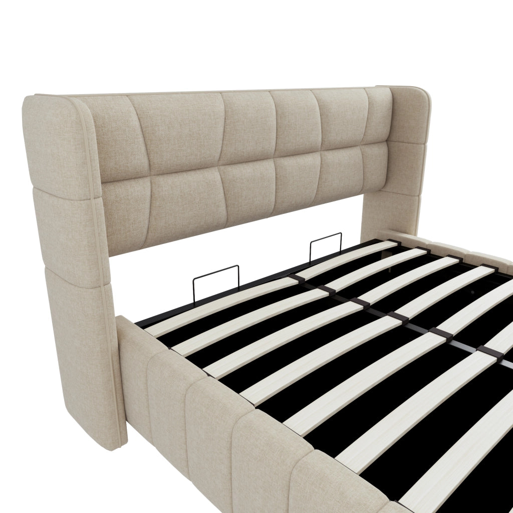 DESMIU Letto contenitore 140 × 200 cm 2 posti con vano, senza materasso, in tessuto beige