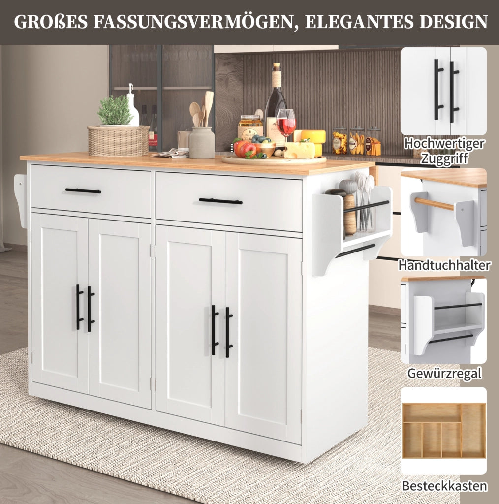 Carrello da cucina con piano ribaltabile e ruote, bianco e naturale
