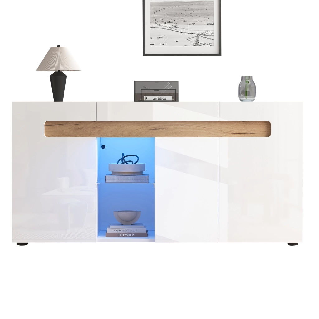 Credenza con 3 Ante e LED con Controllo App; Bianco Lucido; con Ripiano in Vetro; in Truciolare; 140??40??70 cm