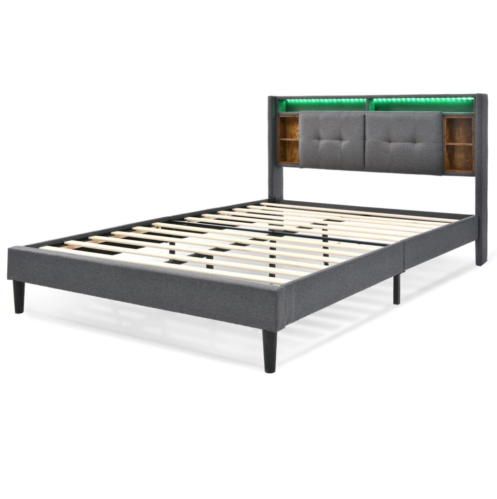 Letto matrimoniale imbottito 160x200 cm con testiera contenitore; USB e LED; grigio