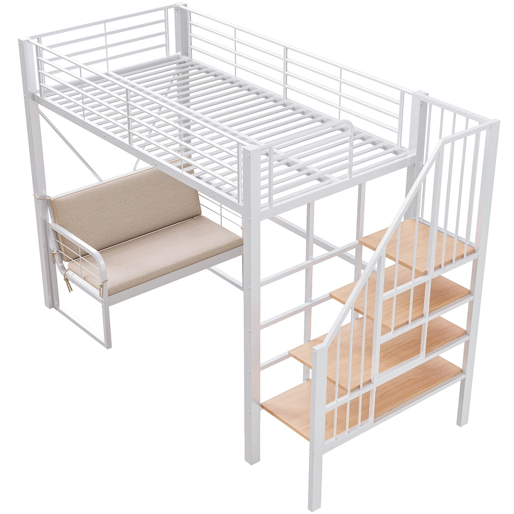 DESMIU Letto a castello 90 × 200 cm 3 posti con scala contenitore e divano imbottito, senza materasso, bianco