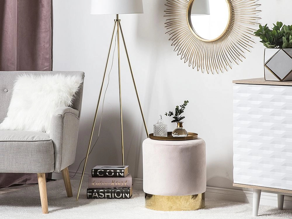 Poggiapiedi Rotondo in velluto rosa con pouf da toeletta Glam Sgabello con dorato