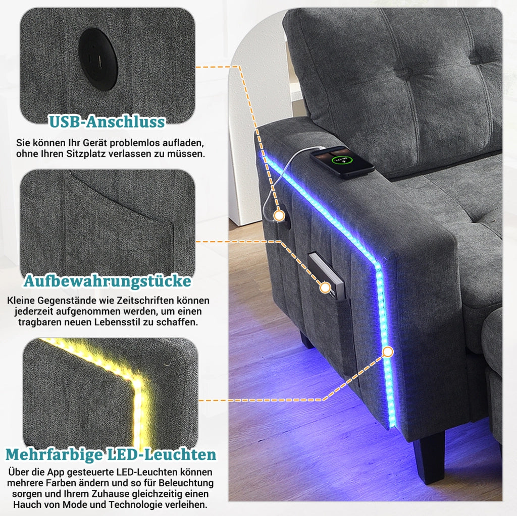 Divano letto modulare a L con pouf mobile; LED e USB; tessuto chenille grigio anticato
