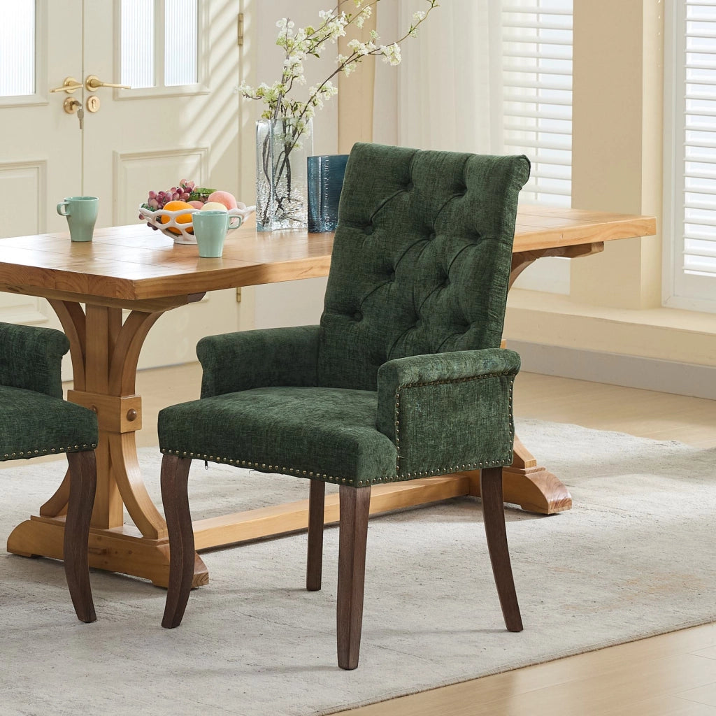 Sedia da pranzo, venduta singolarmente, tessuto chenille, gambe in legno massello, con braccioli, verde oliva