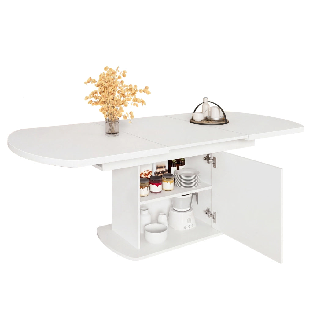 Tavolo da pranzo ovale estensibile con vani contenitori e armadi; per sala da pranzo; bianco argento; 140 × 80 × 75 cm