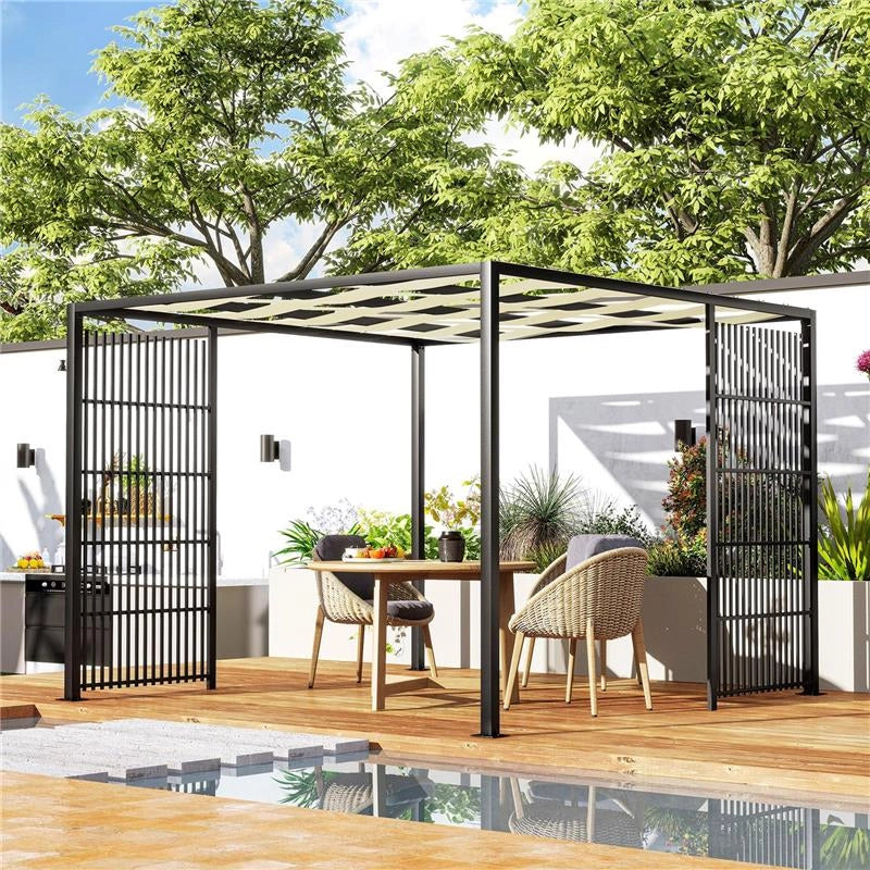 PERGOLA PER ESTERNO 3X3 M CON COPERTURA ONDULATA E PANNELLI LATERALI IN METALLO E POLIESTERE NERO