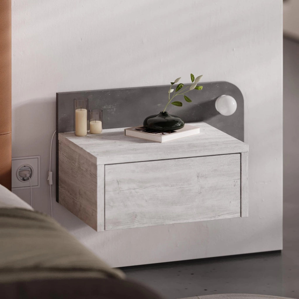 Comodino "Dotta" con lampadina in legno - 52 x 30 x 28 cm - Grigio