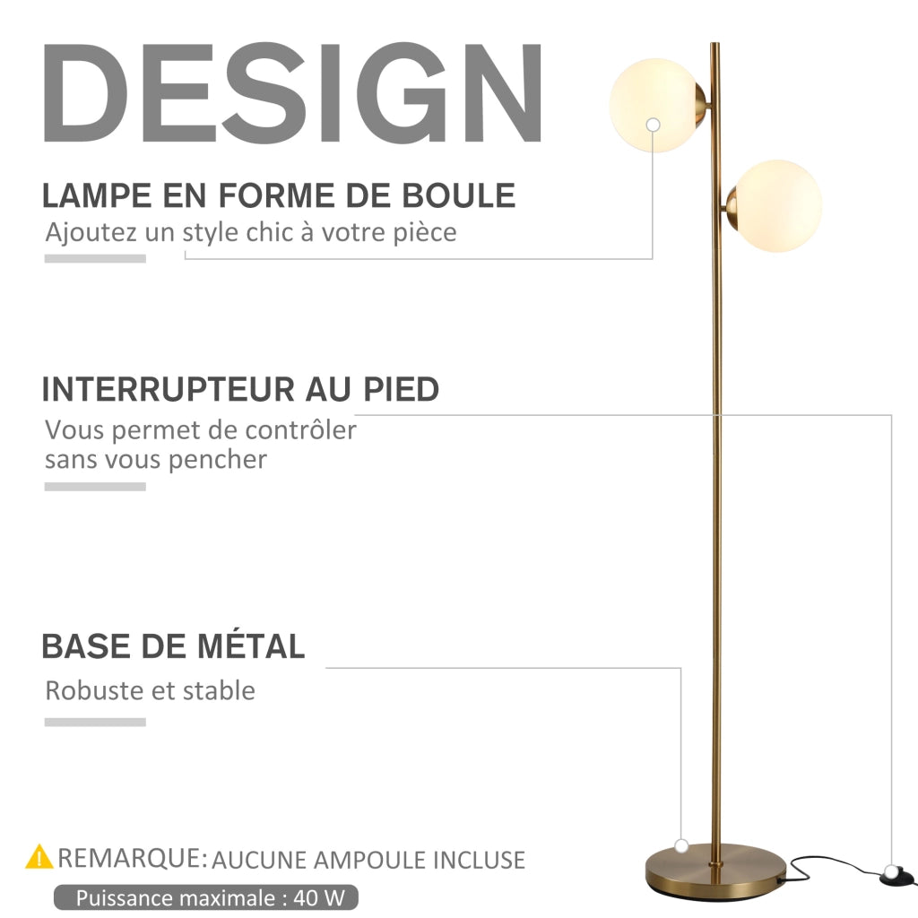 Lampada da terra design ¨C Minimal ¨C 2 teste, sfera, metallo dorato