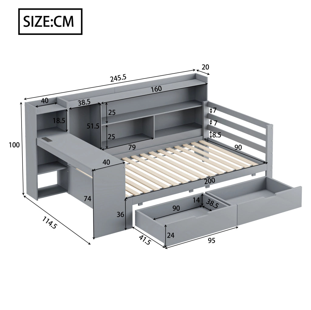 Letto multifunzionale 90x200 cm con scrivania; mensole; prese e 2 cassetti; grigio