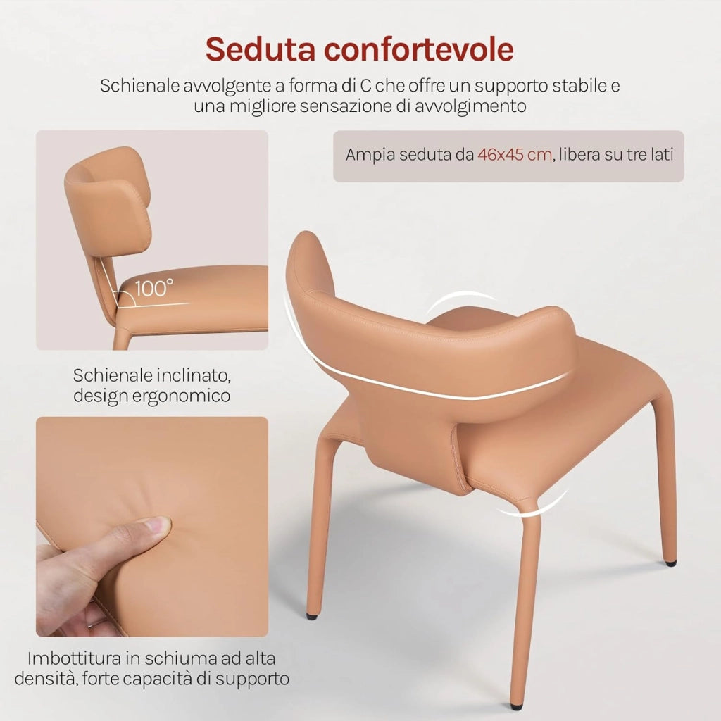 Set di 4 Sedie da Pranzo, Sedie Cucina con Schienale Curvo, Struttura Metallica, Rivestimento in Pelle Sintetica, per Sala da Pranzo, Soggiorno, Cucina,Marrone cammello chiaro