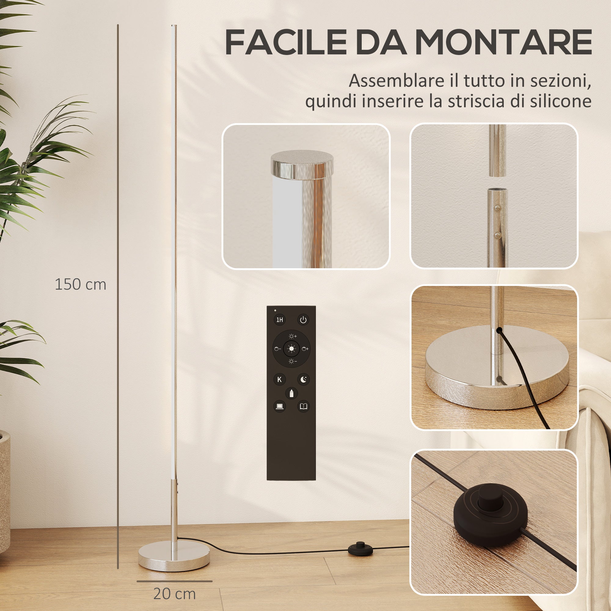 Lampada da Terra LED Alta 150 cm con Temperatura Colore Regolabile e Telecomando Argento