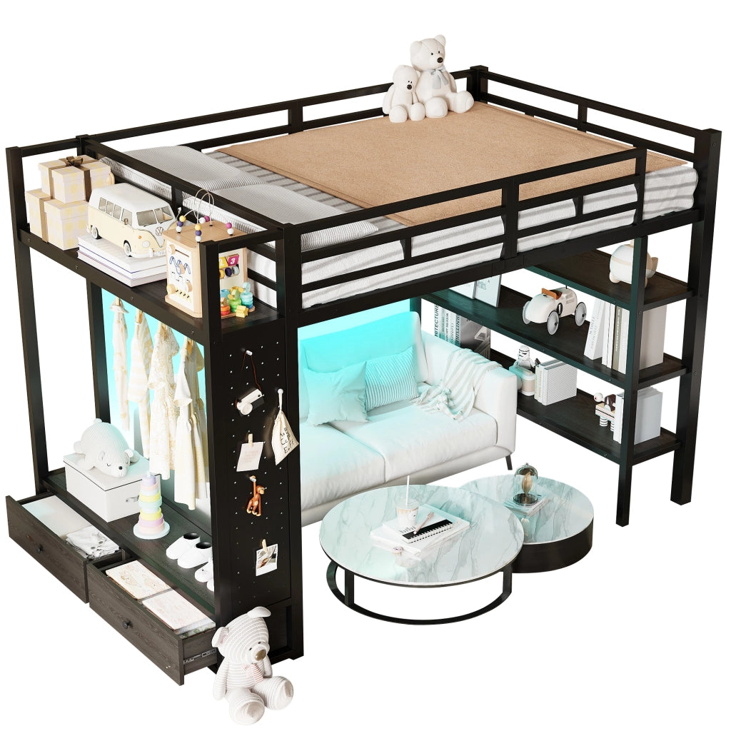 Letto a Soppalco con Armadio Aperto e LED ¨C MINIMAL ¨C Metallo Nero 140x200
