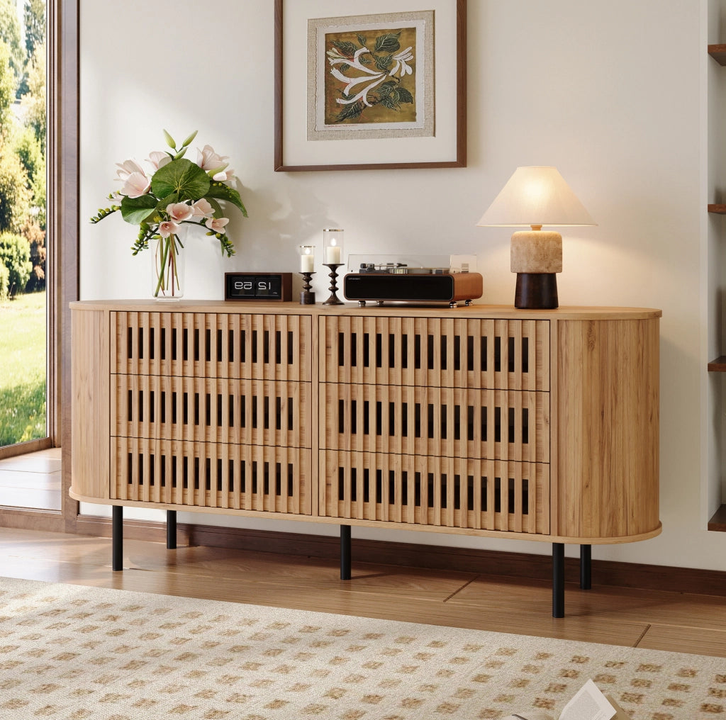 Credenza 160x40x70 cm con 6 cassetti; MDF e gambe in metallo; colore naturale