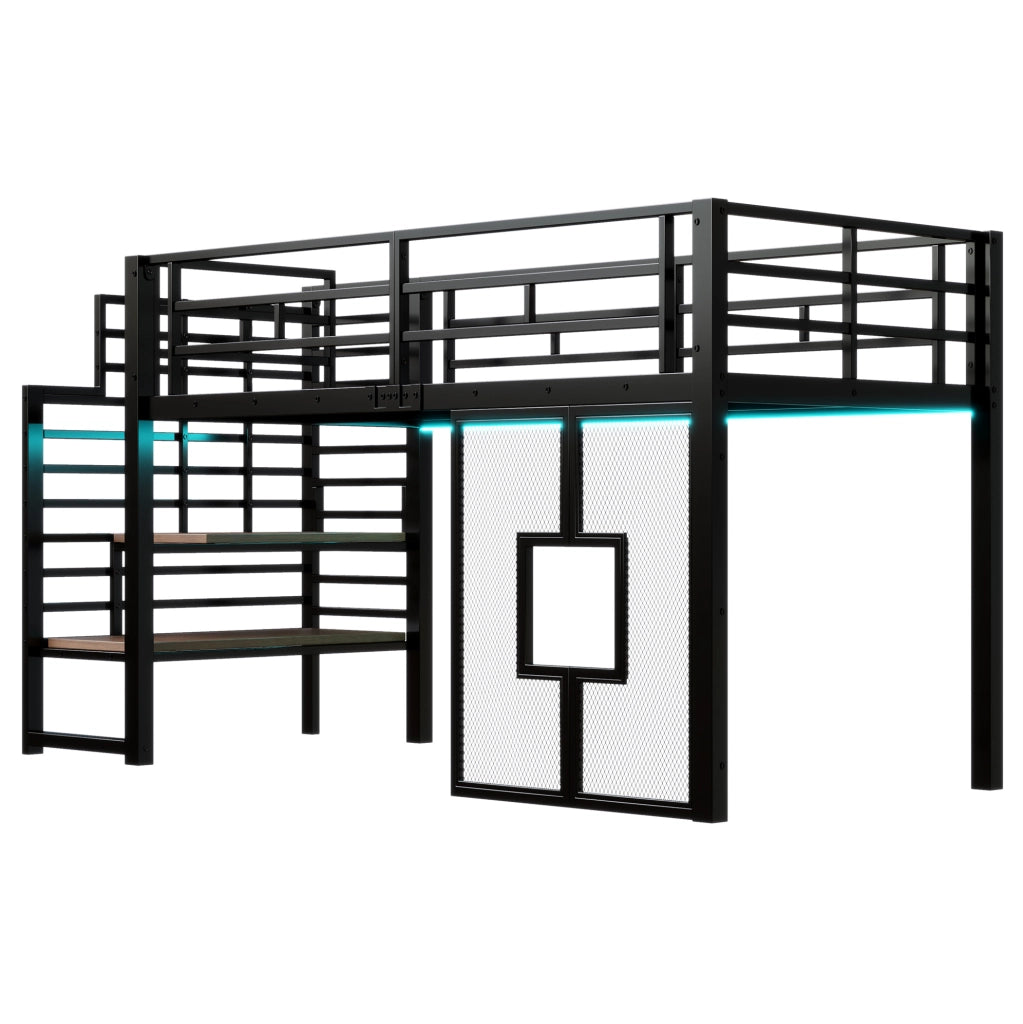 Letto a soppalco 90x200 cm con scala; contenitore; LED e finestre in metallo e MDF nero