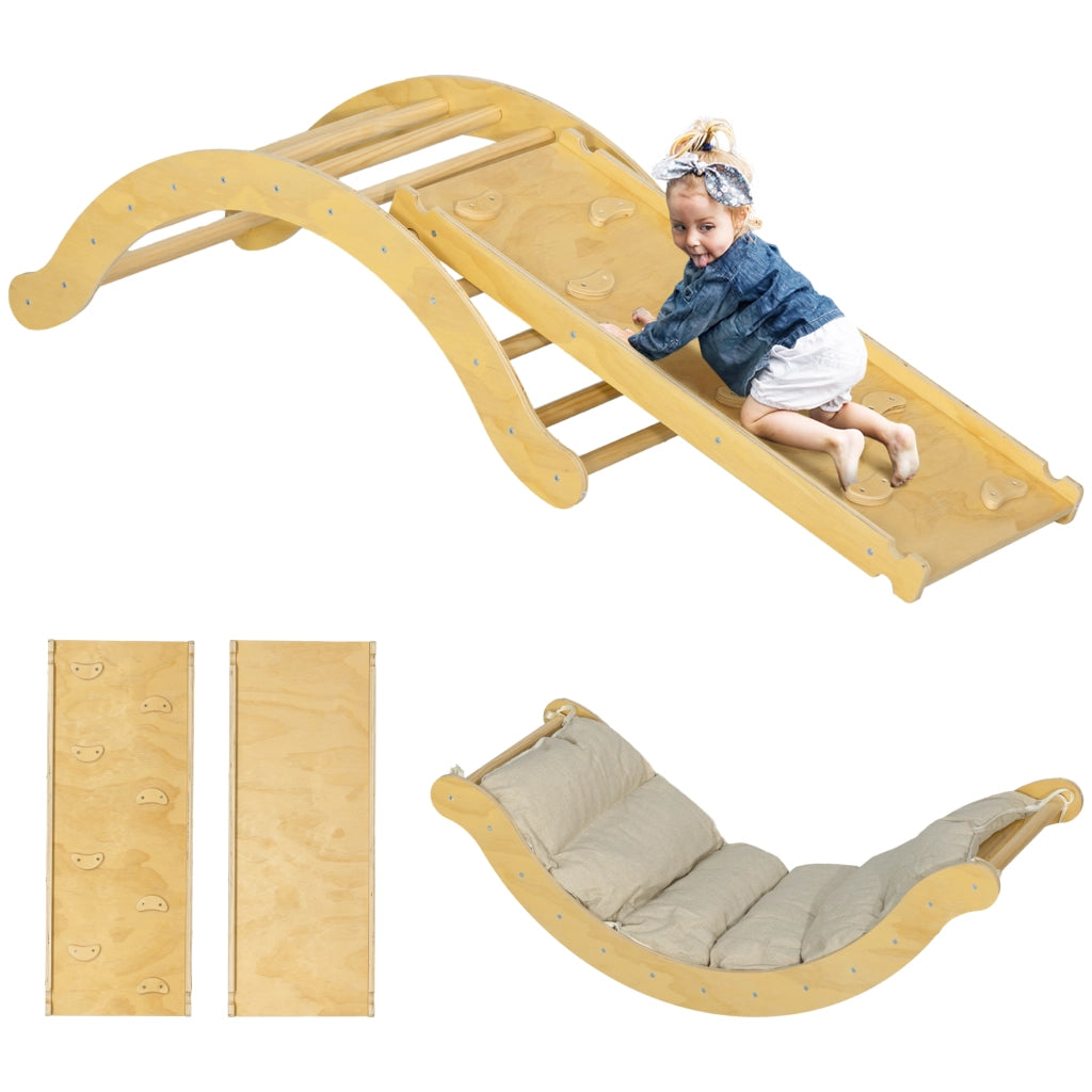 Casetta con scivolo e dondolo per bambini ¨C zephmum ¨C 168x49.5x39.5 cm, legno naturale
