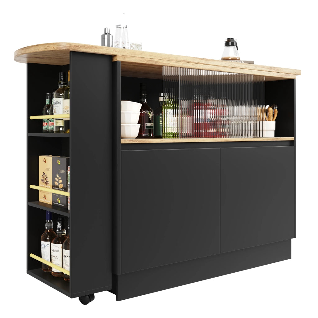 Mobile Bar Girevole a 360° con Ripiani Aperti e Anta Scorrevole in Vetro per Cucina e Sala da Pranzo in MDF Nero