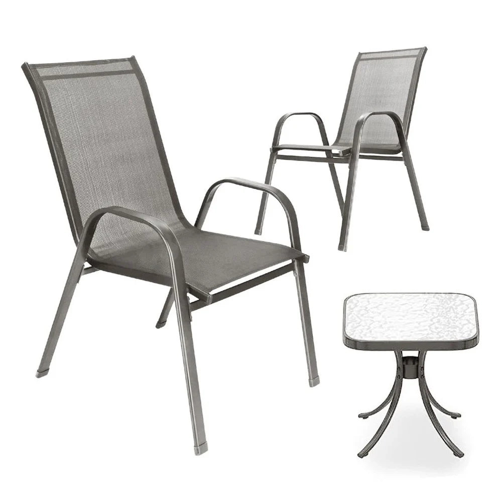 Trade Shop - Set Da Giardino 3pz Positano 2 Sedie Con Braccioli Tavolino Con Piano Vetro Grigio 529020 -