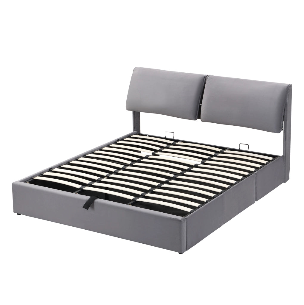 Letto imbottito 180x200 in velluto grigio con contenitore; 3 cassetti e testiera regolabile