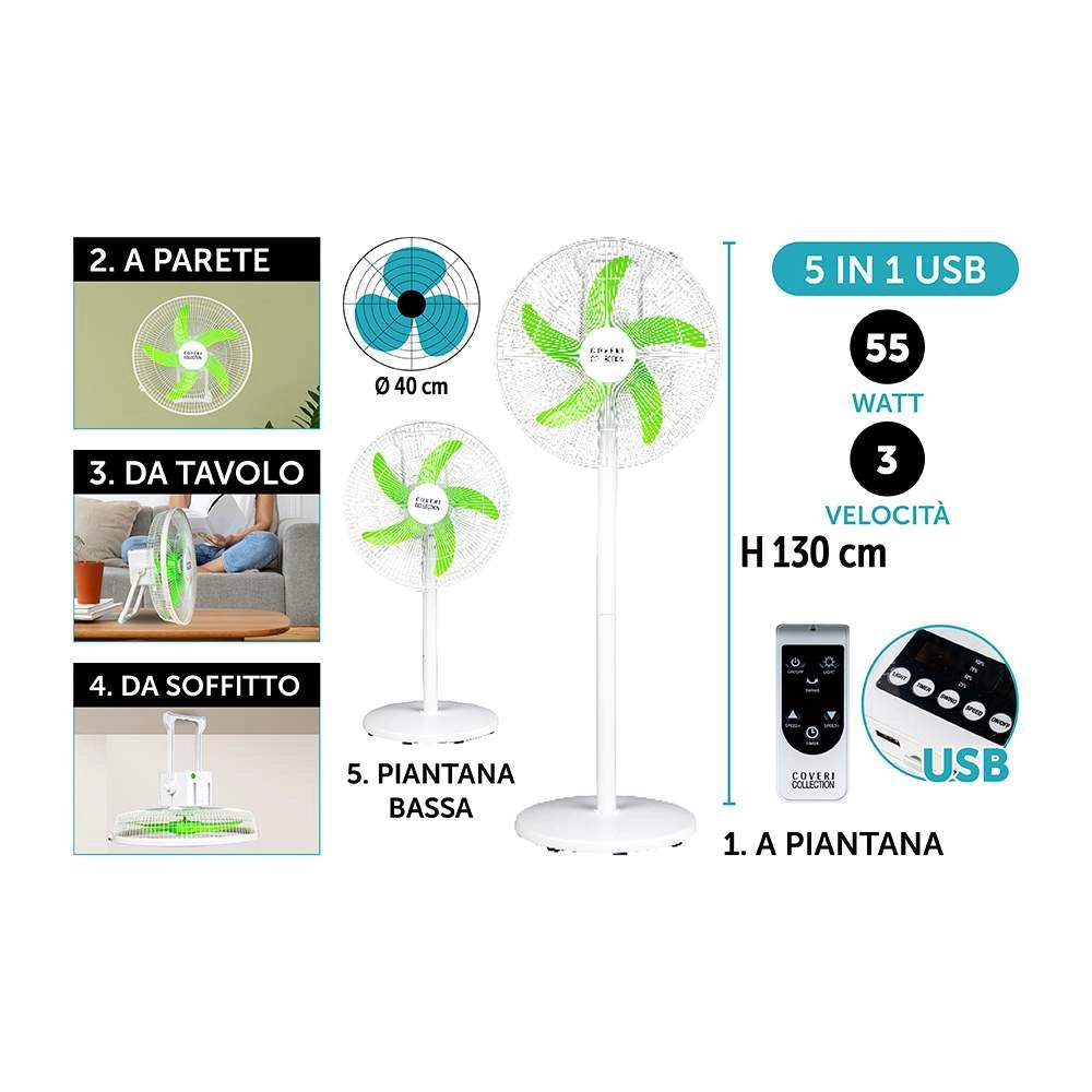 Ventilatore 5 in 1 Piantana da Tavolo Parete Soffitto 55 W USB