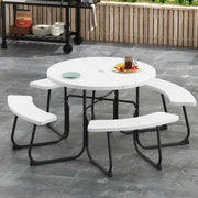 Set da Giardino per 8 Persone, Tavolo Rotondo da Picnic con 4 Panche, Tavolo da Birra in HDPE con Foro per Ombrellone, Set da Esterno Resistente