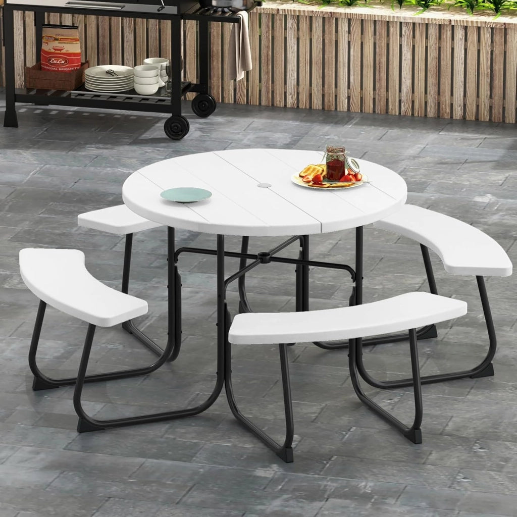 Set da Giardino per 8 Persone, Tavolo Rotondo da Picnic con 4 Panche, Tavolo da Birra in HDPE con Foro per Ombrellone, Set da Esterno Resistente