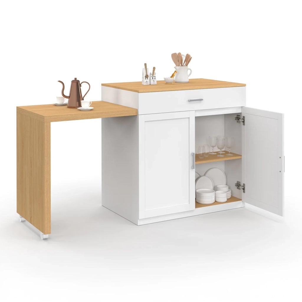 IDMarket - Isola centrale VITO 94-155 cm in legno bianco con tavolo da pranzo integrato allungabile in finitura faggio