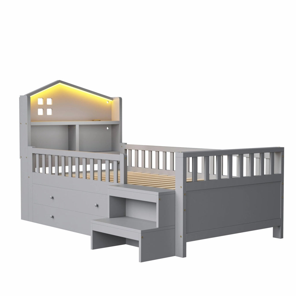 Letto per bambini 90x200 cm con 4 cassetti; LED; USB e Type-C; in legno massello; grigio