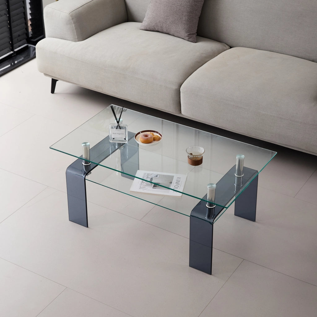 Tavolino basso in vetro temperato con 2 ripiani, gamba grigia, per soggiorno, trasparente, 100 × 55 × 45 cm
