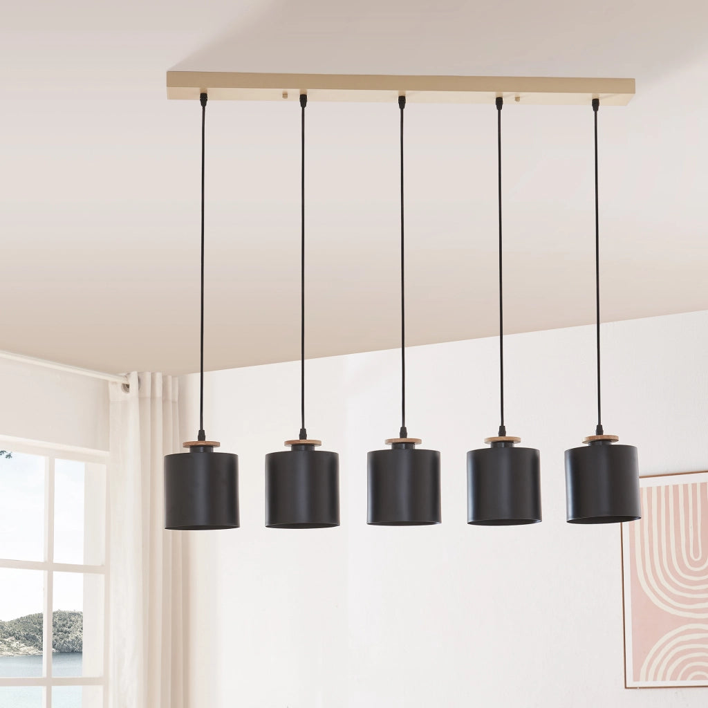 Lampada a Sospensione Posdand con 5 Paralumi in Metallo - color Legno / Nero lux.pro