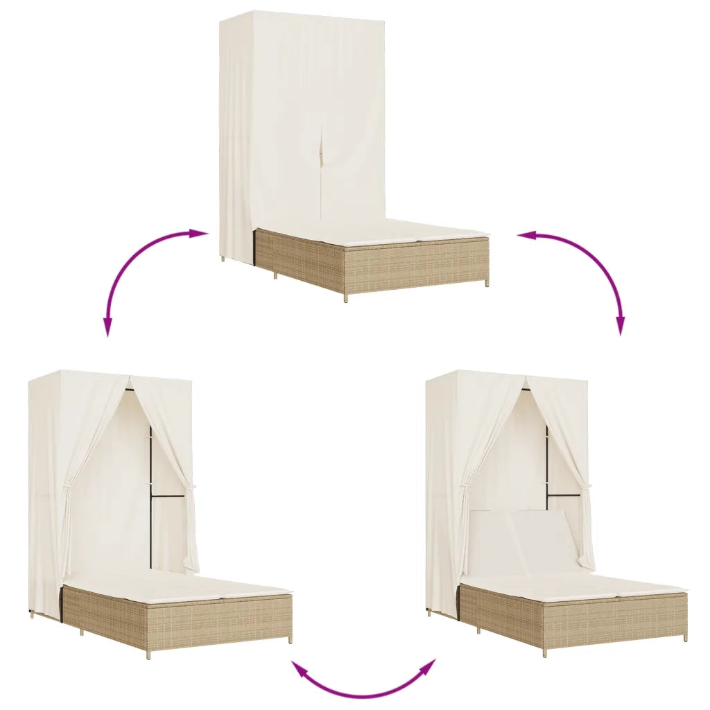 Lettino Prendisole | Sdraio da giardino | Lettino da sole con Tetto e Tende Beige in Polyrattan