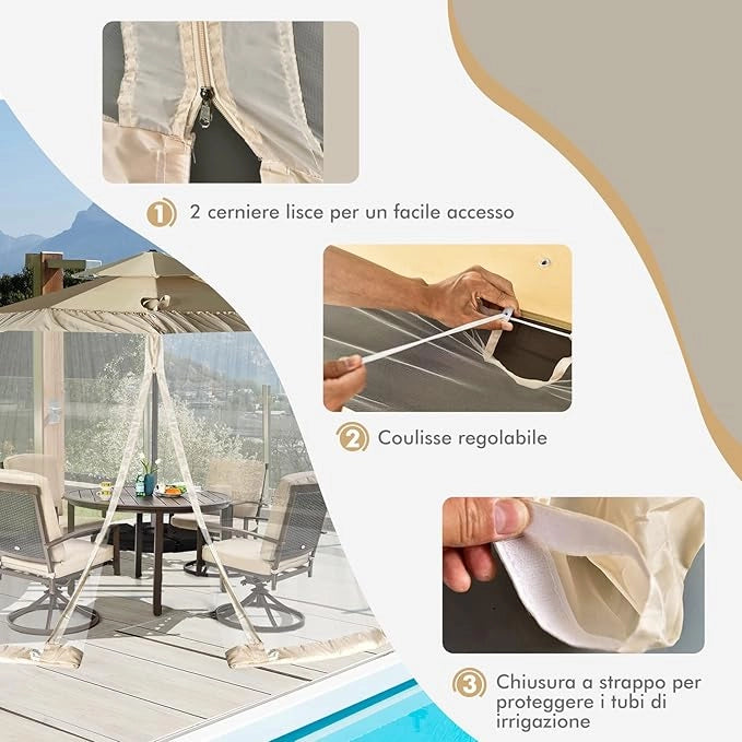 Zanzariera per Ombrellone da Esterno, Zanzariera Regolabile da Patio con 2 Porte a Doppia Cerniera, Rete per Copertura Ombrellone, 12,5 x 2,3 m