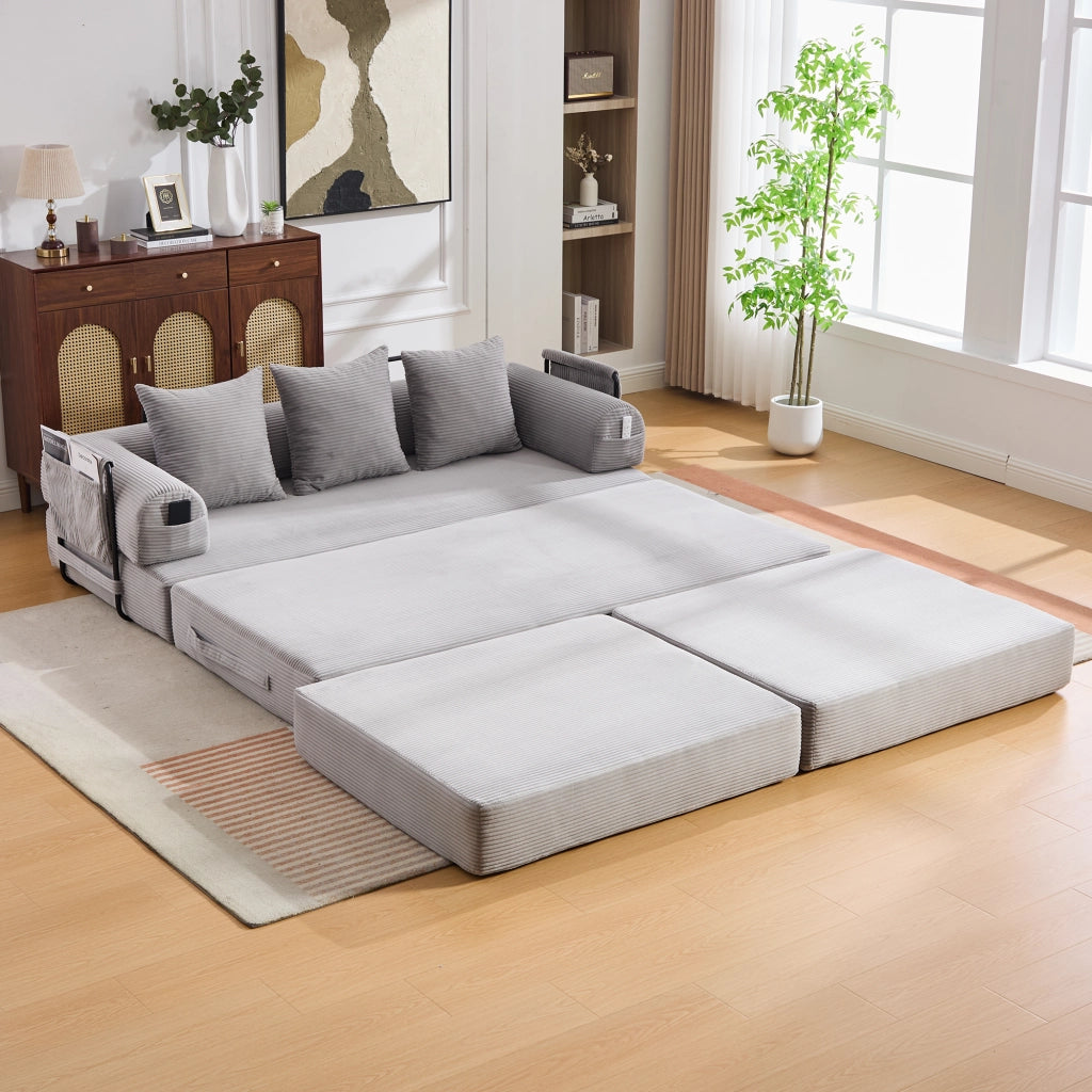 SOFA MODULARE in corduroy 200x190x67 cm Grigio Chiaro con 3 cuscini e poggiapiedi