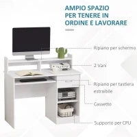 Scrivania per Computer Compatta, Scrivania PC Fisso in Legno Bianco con Ripiano Tastiera Estraibile e Mensole 104x48x95.5cm