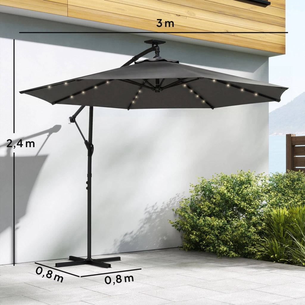 Parasole a sbalzo LED Solare; circa ?300 cm; parasole rotabile con copertura protettiva per piedi Grigio Scuro