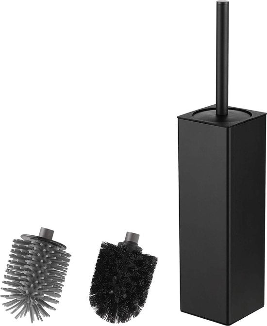 Set di spazzole per il water e supporto in silicone con 2 testine - spazzola quadrata per la pulizia della doccia (matte nero)