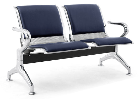Panca per Sala Attesa 2 Posti da Ufficio con Cuscino in Acciaio e Similpelle Argento/Blu Navy