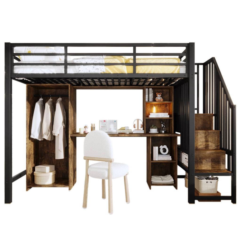 Letto a castello nero in metallo con stoccaggio armadio e scrivania 90x200 cm