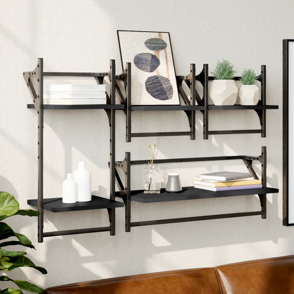 4 pz Set Mensole da Parete | Scaffali a Parete | Ripiano a parete con Aste Nero in Legno Multistrato