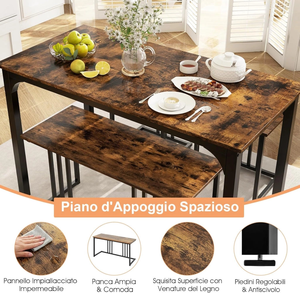 Set Tavolo da Pranzo 4 Pezzi 120x60x75cm, Tavolo da Cucina con 2 SgabellI e Panca in Stile Industriale per Sala da Pranzo, Bar e Ristorante (Marrone)