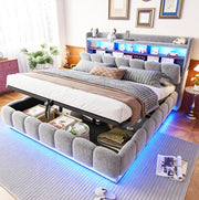 Letto imbottito 180x200 cm con contenitore idraulico; LED; USB e prese; tessuto grigio