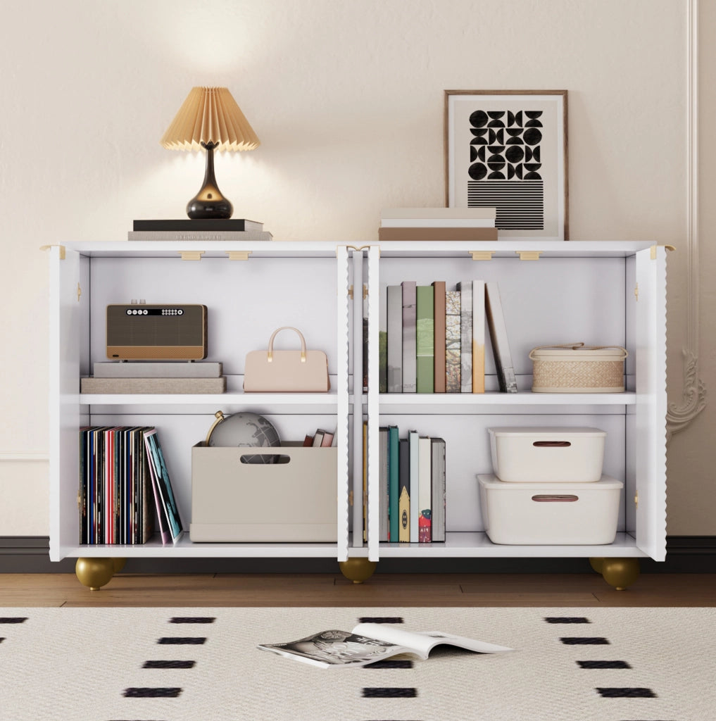 Sideboard 120x35x71.5 cm con 4 ante; ripiani regolabili e dettagli dorati; MDF bianco