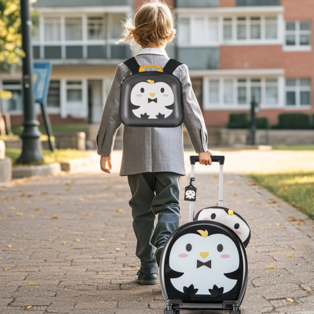 Set di valigie per bambini, Set da 4 pezzi con valigia a mano zaino e cuscino per collo Nero+Bianco