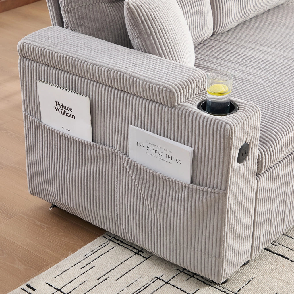 Divano 3 posti in tessuto corduroy con contenitore, USB-C, chaise longue idraulica e letto estraibile