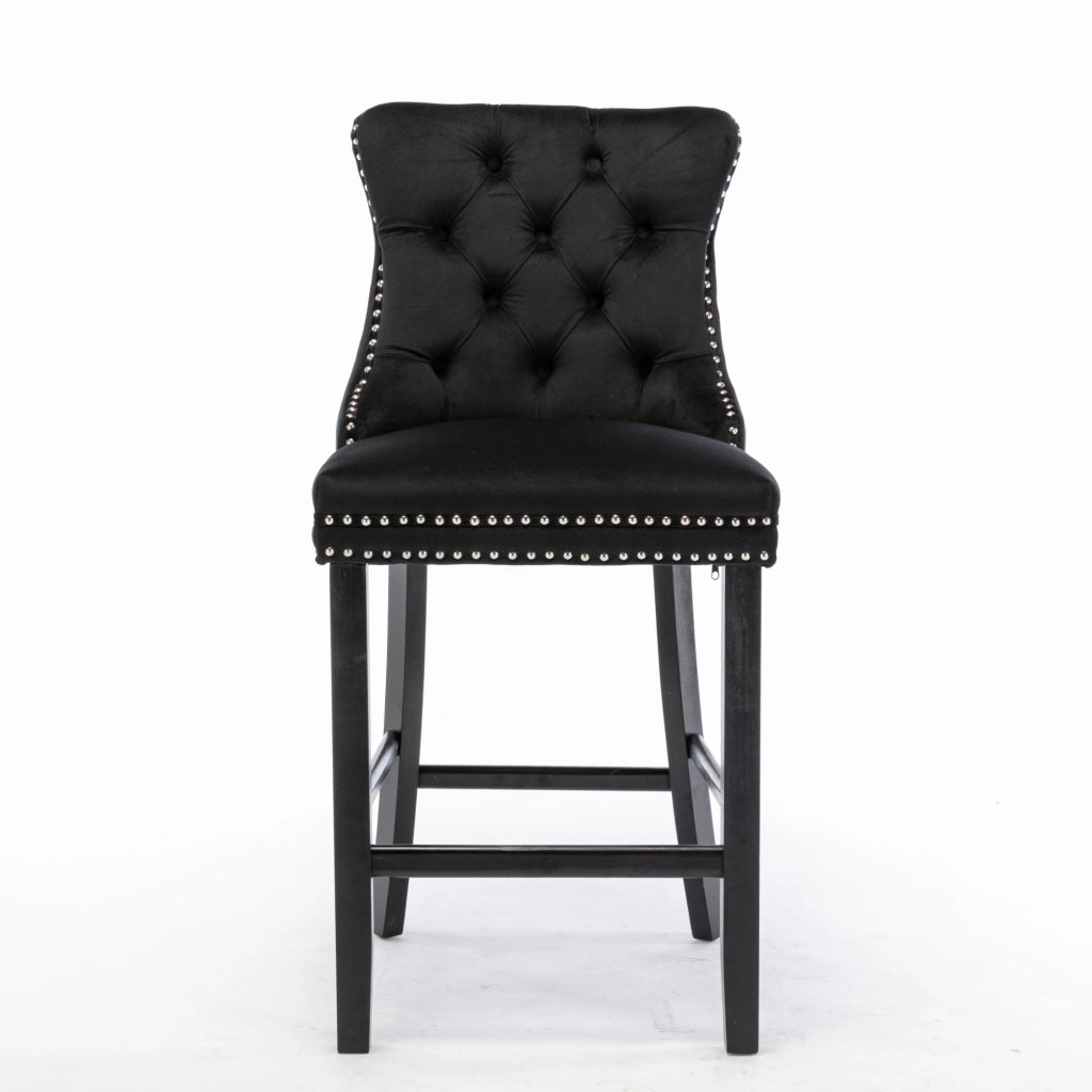Taburetti da bar con schienale alto e dettagli rivettati, gambe in legno massello, stile mid century, in velluto nero
