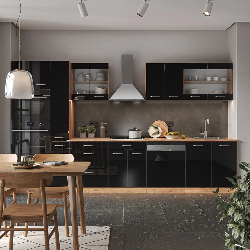 Vicco Cucina componibile Rovere nero/oro lucido 350 cm con colonna, piano di lavoro antracite