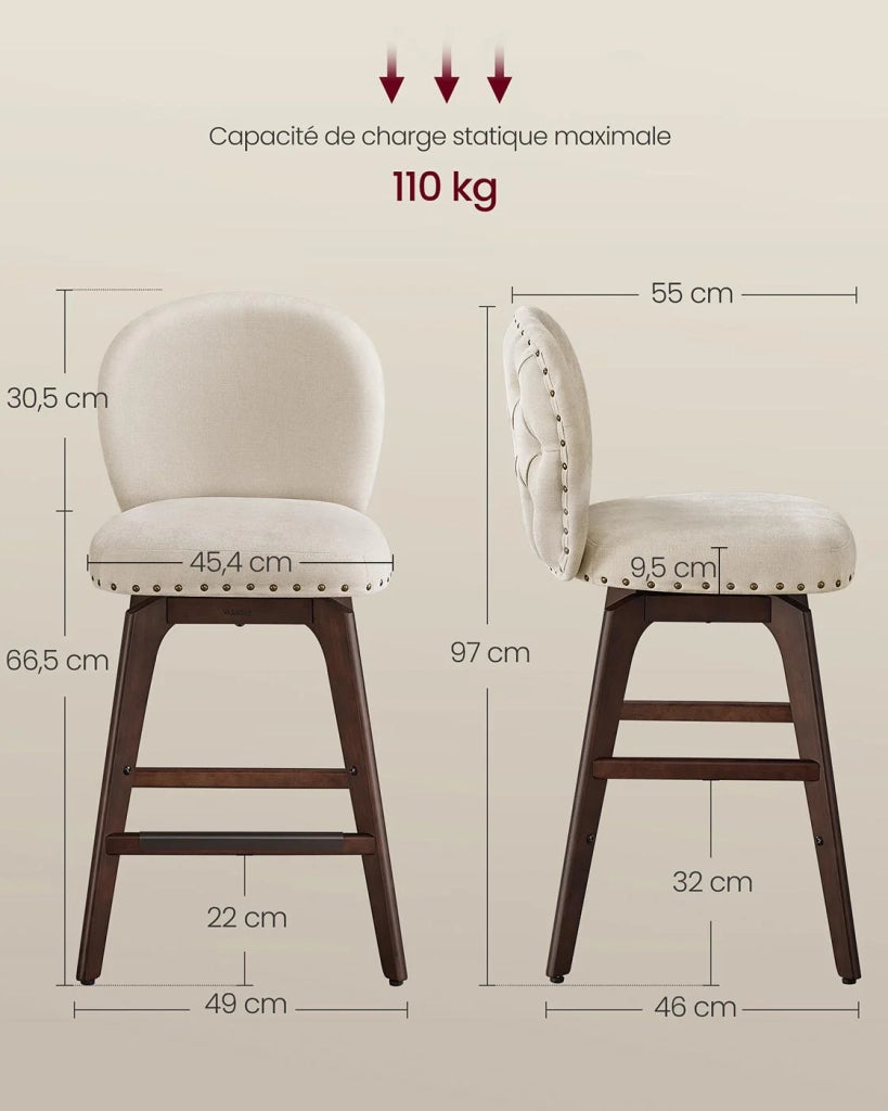 Set di 2 sgabelli da bar girevoli con schienale e gambe in legno seduta in tessuto ciniglia altezza seduta 665 cm per isola cucina beige 12_0007988