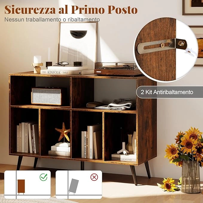 Supporto per Giradischi, Mobiletto per Giradischi a 3 Livelli con Scaffali per Vinili, Tavolino per Dischi con 5 Gambe, Scaffale Espositivo per Soggiorno, Sala Musica (Marrone)