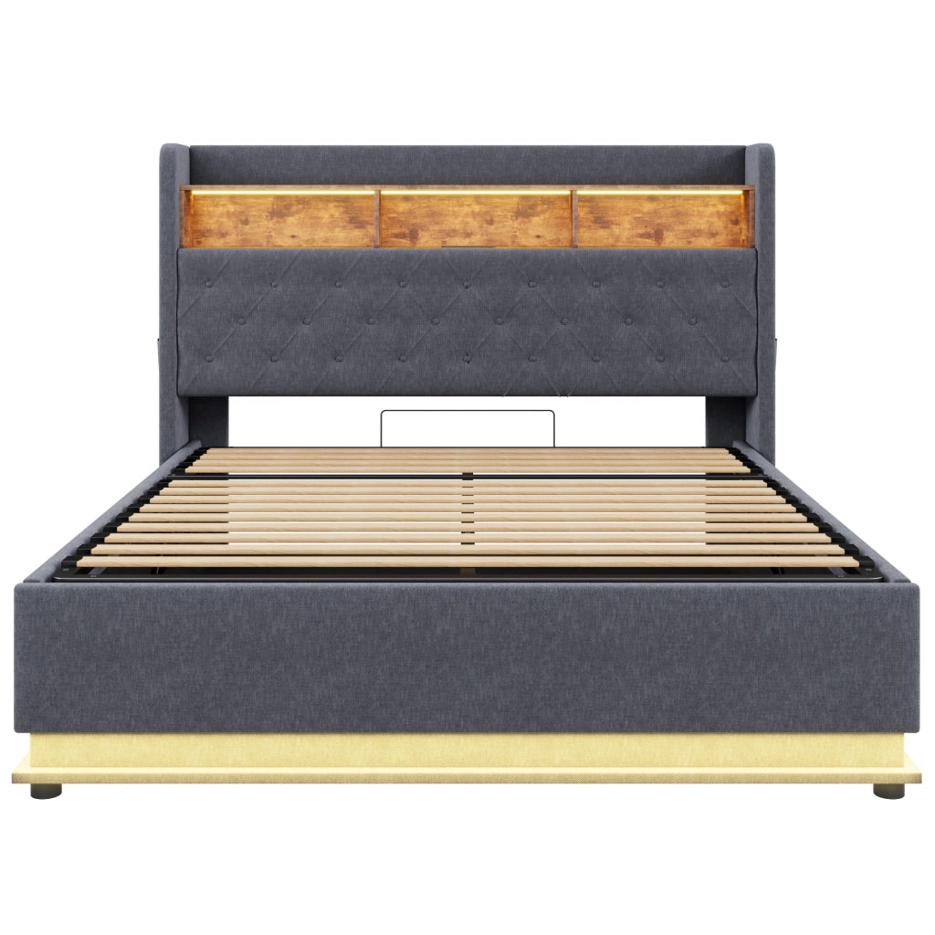Letti contenitori 180x200 cm con LED multicolore e USB; lino; grigio